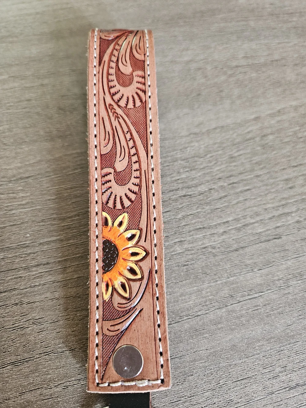 Sunflower Genuine Tooled Leather Wristlet Keychain - Tan - NWOT